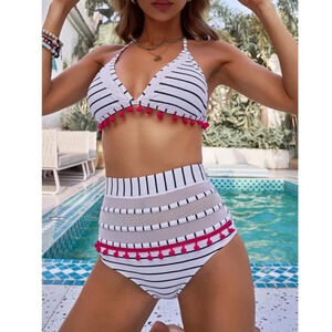 COCOSHIP Striped Polka Dot High Waisted Bikini Set